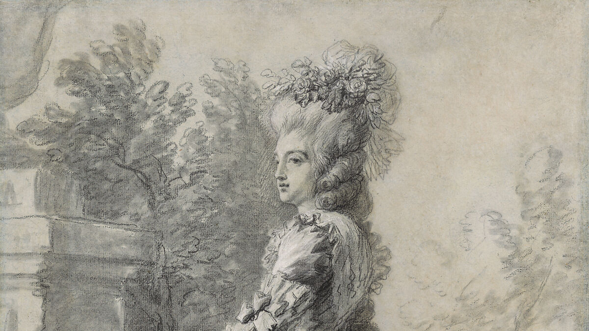 Marie Antoinette in a Park, Elisabeth Louise Vigée Le Brun (French, Paris 1755–1842 Paris), Black chalk, stumped, and white chalk; framing lines in black chalk