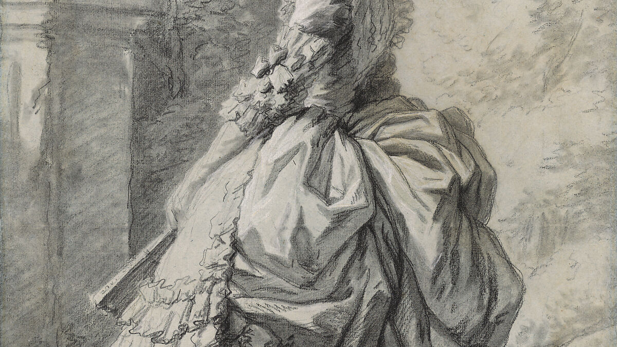 Marie Antoinette in a Park, Elisabeth Louise Vigée Le Brun (French, Paris 1755–1842 Paris), Black chalk, stumped, and white chalk; framing lines in black chalk