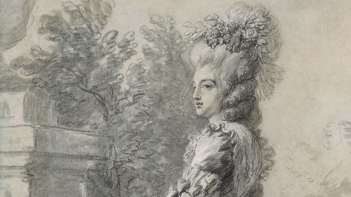Marie Antoinette in a Park, Elisabeth Louise Vigée Le Brun (French, Paris 1755–1842 Paris), Black chalk, stumped, and white chalk; framing lines in black chalk