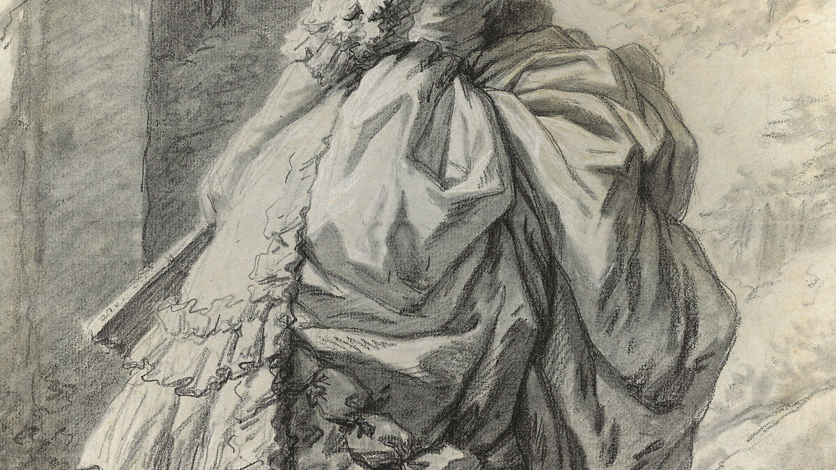 Marie Antoinette in a Park, Elisabeth Louise Vigée Le Brun (French, Paris 1755–1842 Paris), Black chalk, stumped, and white chalk; framing lines in black chalk