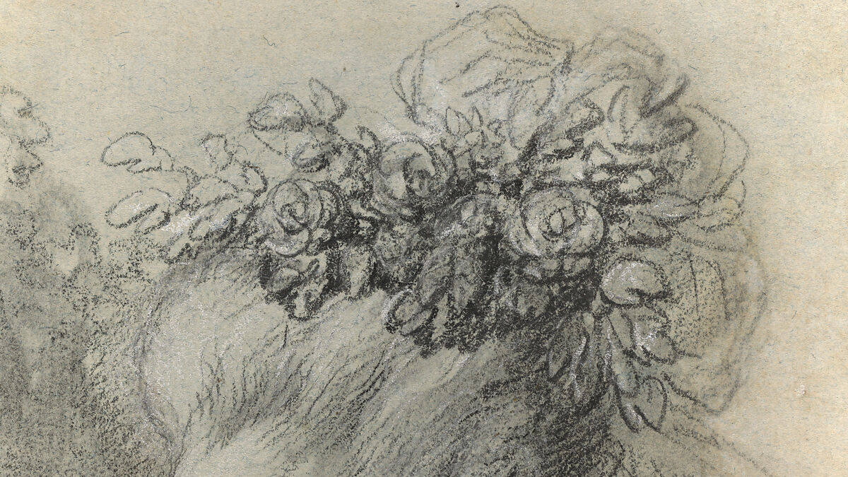 Marie Antoinette in a Park, Elisabeth Louise Vigée Le Brun (French, Paris 1755–1842 Paris), Black chalk, stumped, and white chalk; framing lines in black chalk