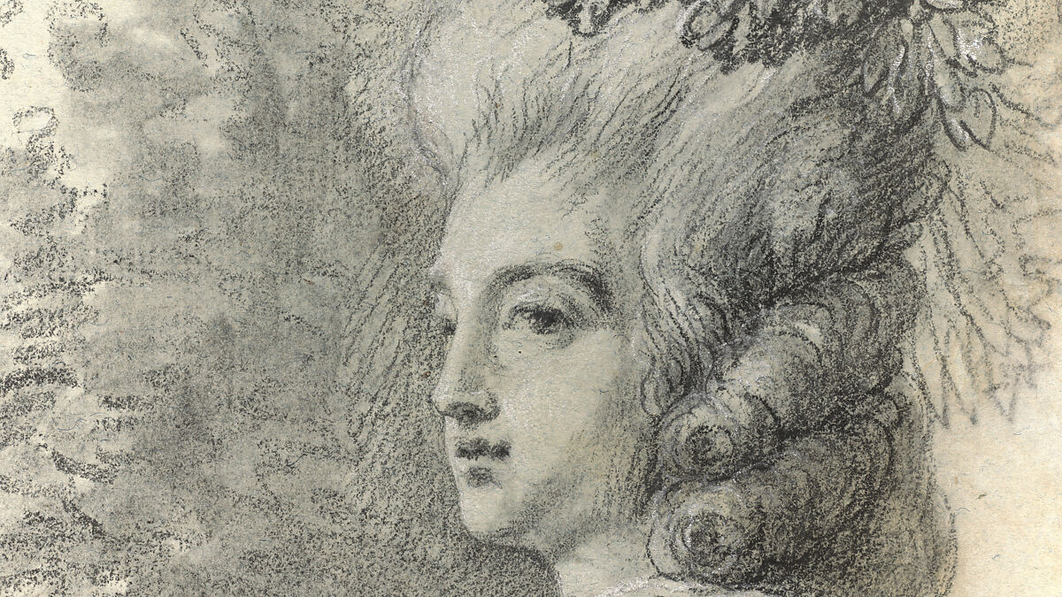 Marie Antoinette in a Park, Elisabeth Louise Vigée Le Brun (French, Paris 1755–1842 Paris), Black chalk, stumped, and white chalk; framing lines in black chalk