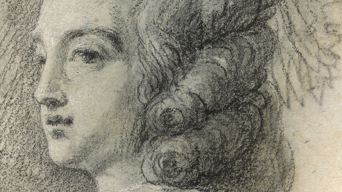 Marie Antoinette in a Park, Elisabeth Louise Vigée Le Brun (French, Paris 1755–1842 Paris), Black chalk, stumped, and white chalk; framing lines in black chalk