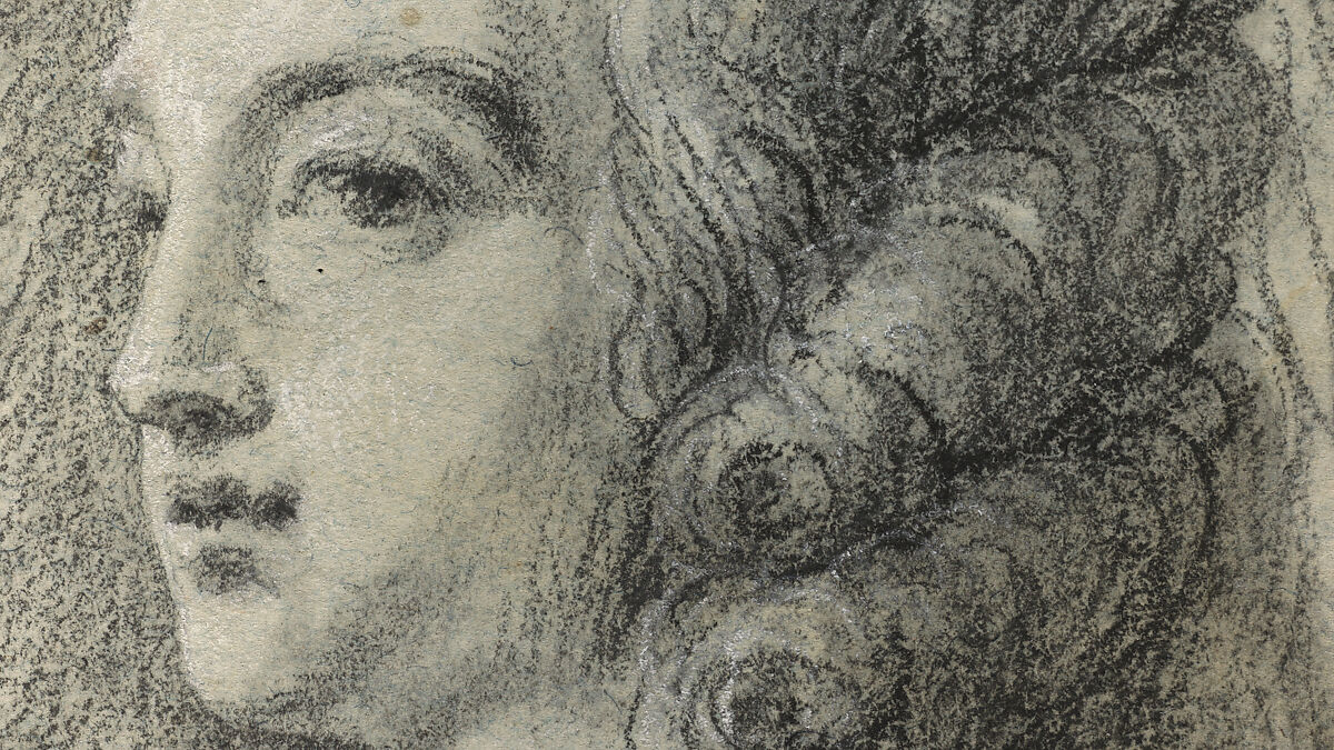 Marie Antoinette in a Park, Elisabeth Louise Vigée Le Brun (French, Paris 1755–1842 Paris), Black chalk, stumped, and white chalk; framing lines in black chalk