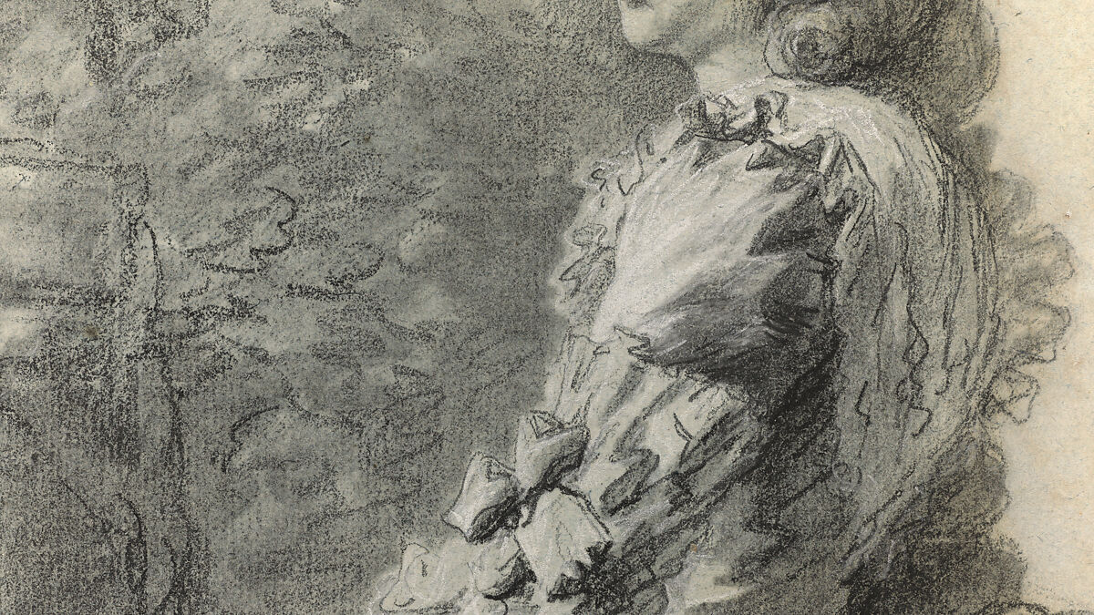 Marie Antoinette in a Park, Elisabeth Louise Vigée Le Brun (French, Paris 1755–1842 Paris), Black chalk, stumped, and white chalk; framing lines in black chalk