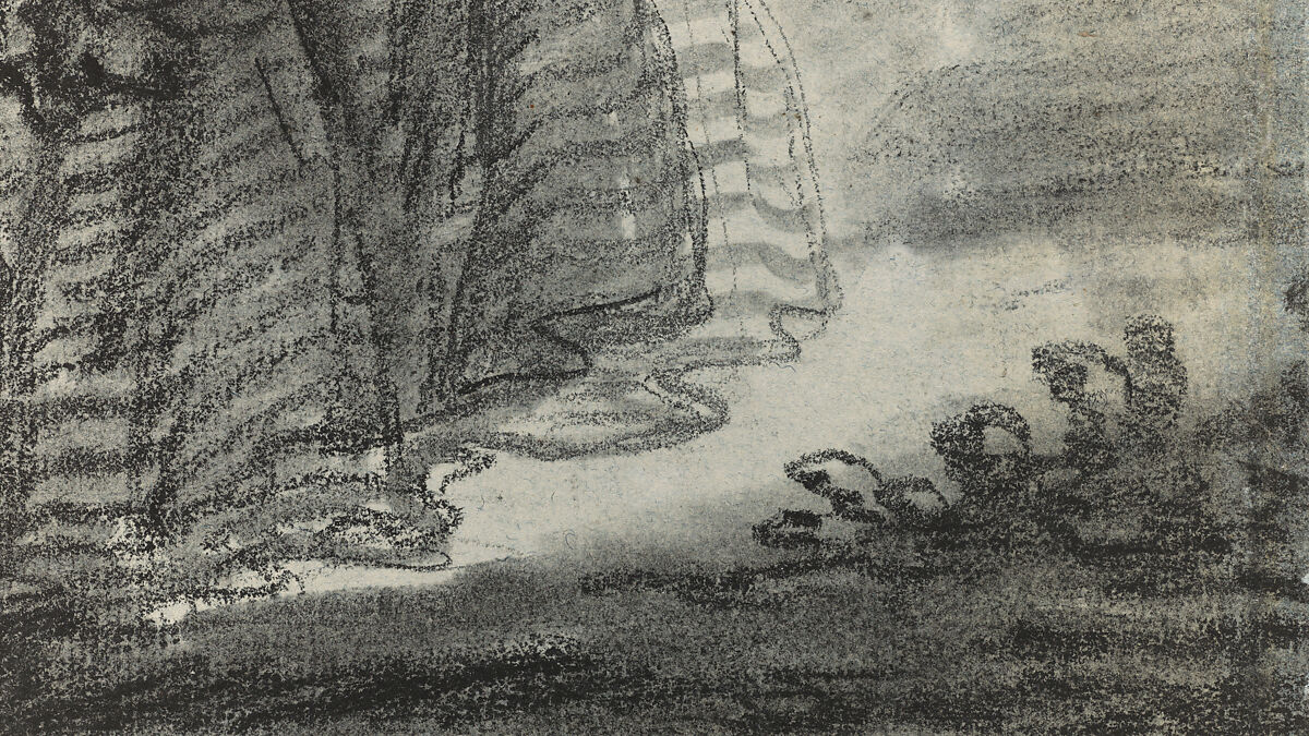 Marie Antoinette in a Park, Elisabeth Louise Vigée Le Brun (French, Paris 1755–1842 Paris), Black chalk, stumped, and white chalk; framing lines in black chalk