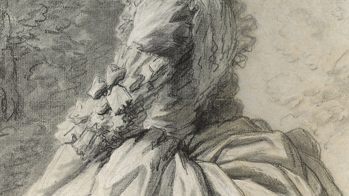 Marie Antoinette in a Park, Elisabeth Louise Vigée Le Brun (French, Paris 1755–1842 Paris), Black chalk, stumped, and white chalk; framing lines in black chalk