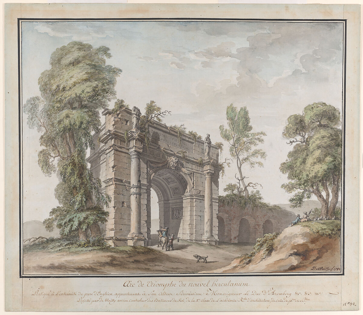 Design for a Triumphal Arch for the Gardens at Chateau d'Enghien, Belgium, Charles de Wailly (French, Paris 1730–1798 Paris), Pen and ink, partially over charcoal underdrawing, watercolor 