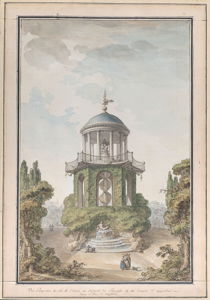 Design for the Temple of Apollo in the Gardens of the Chateau d'Enghien, Belgium, Charles de Wailly (French, Paris 1730–1798 Paris), Pen and ink, partially over charcoal underdrawing, watercolor 