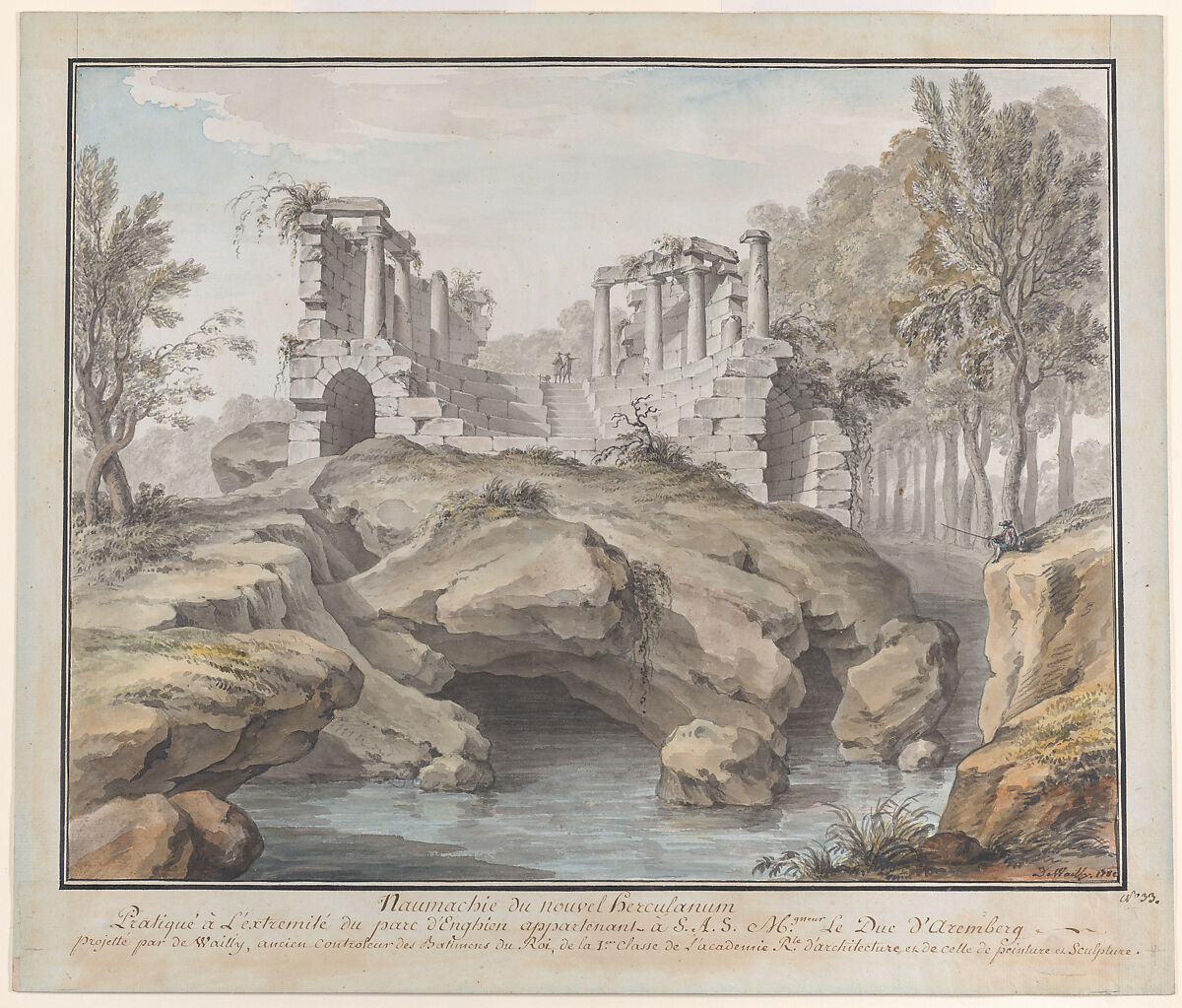 Design for a Naumachia, in the gardens at Chateau d'Enghien, Belgium, Charles de Wailly (French, Paris 1730–1798 Paris), Watercolor over charcoal underdrawing 