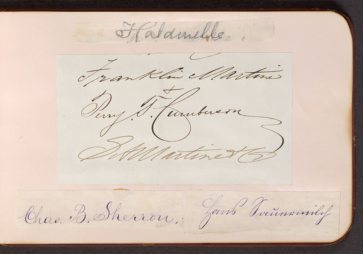 Carriage makers' autograph book, Leather, gold embossment, sewn spine; gold-edged paper, ink