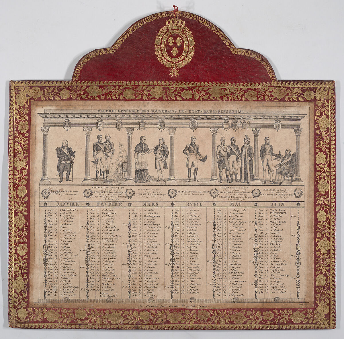 French Calendar for the Year 1816 (Galerie Generale des Souverains des Etats Européens), Chevalier Henry Guillot (French, active Paris, early 19th century), Engraving 