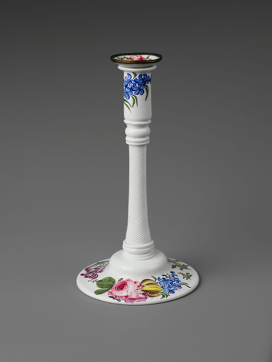 Taperstick, Possibly Michael Edkins, Opaque glass with enamel decoration, British 