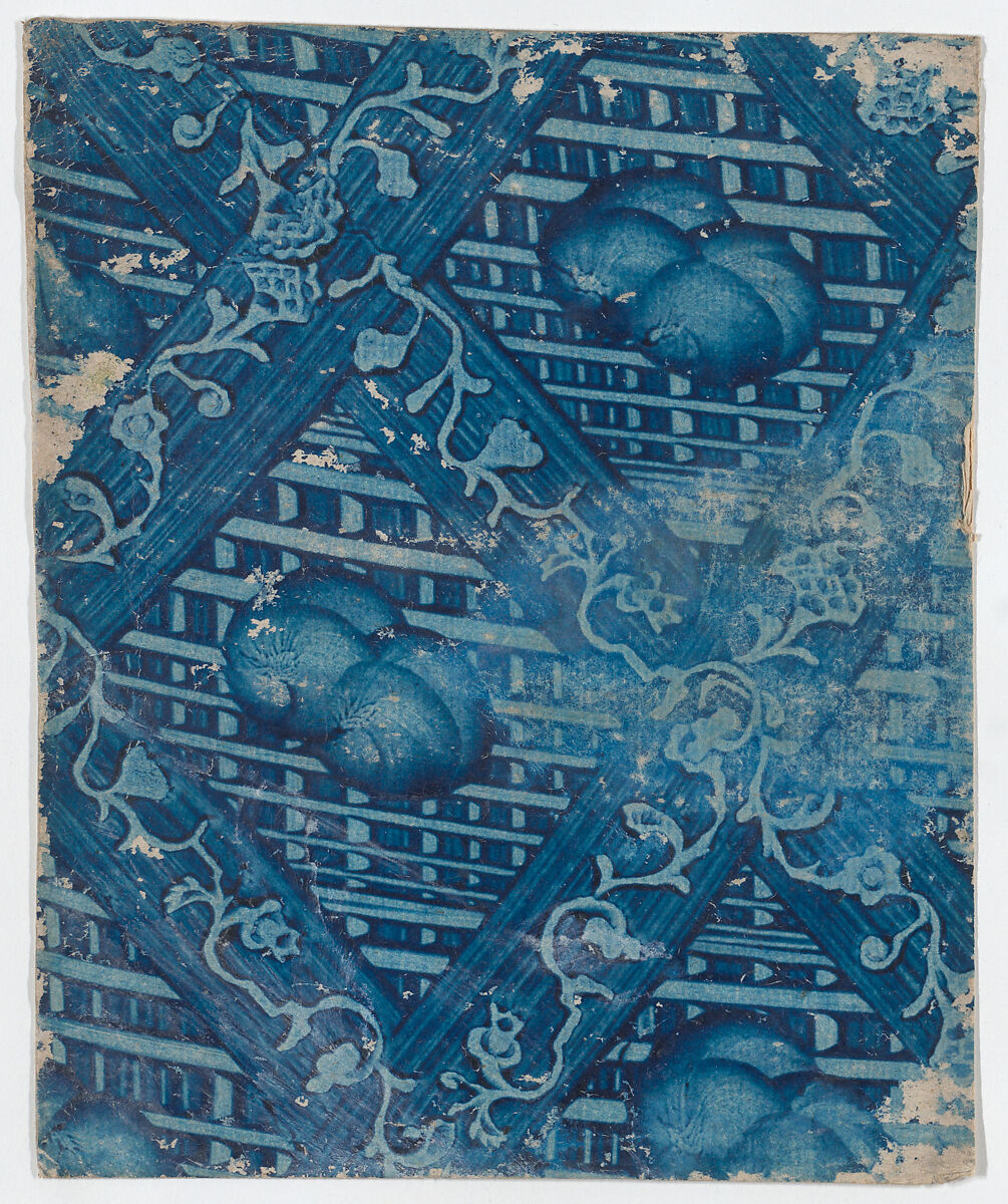 Blue paste paper with striped and floral pattern, Anonymous  , German, 18th century, Relief print (wood or metal) 