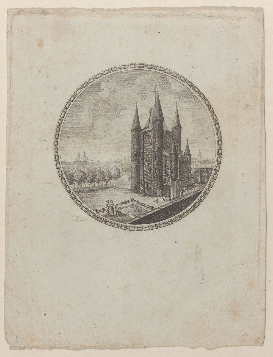 Circular view of the Conciergerie with hidden silhouettes of the Royal family in the clouds, Anonymous  , French, 18th century, Etching 
