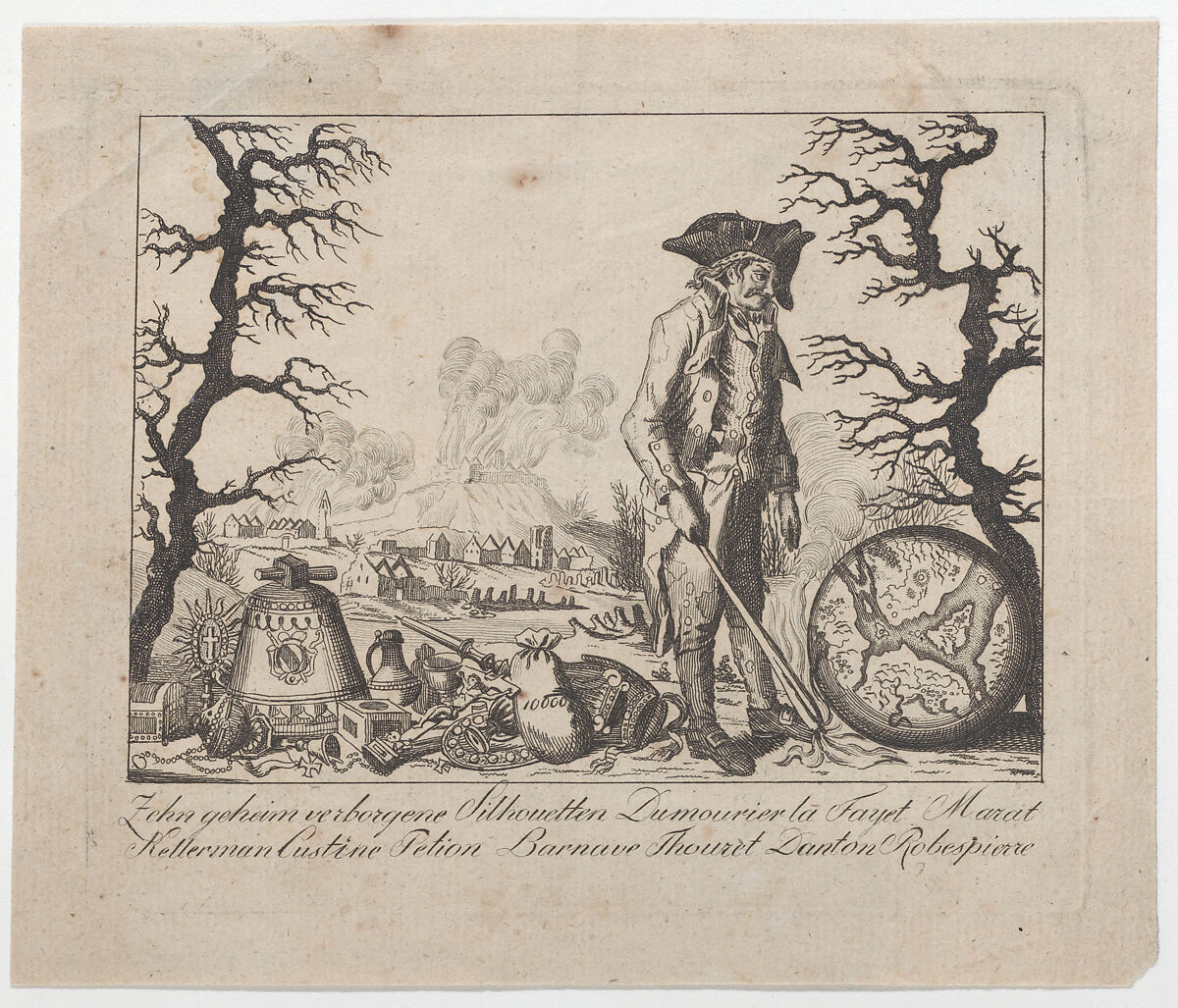 Caricature and hidden silhouette representations of Lafayette and others, Anonymous  , German, 18th century, Etching 