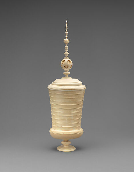 Turned cup with concatenated spheres in lid finial, Possibly Georg Wecker (German, ca. 1550–after 1626), Ivory, German, Dresden 