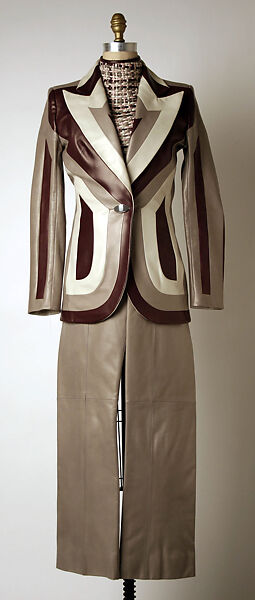 Ensemble, House of Givenchy (French, founded 1952), (a–c) leather, (d) metal, leather, feathers, (e, f) fur, French 