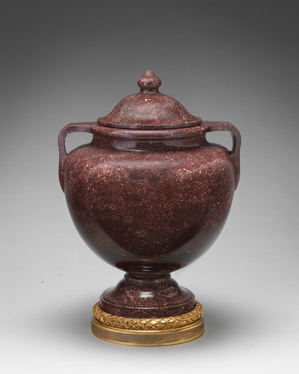 Spherical body urn with cover (one of a pair), Imperial red porphyry, gilt bronze, possibly Italian 