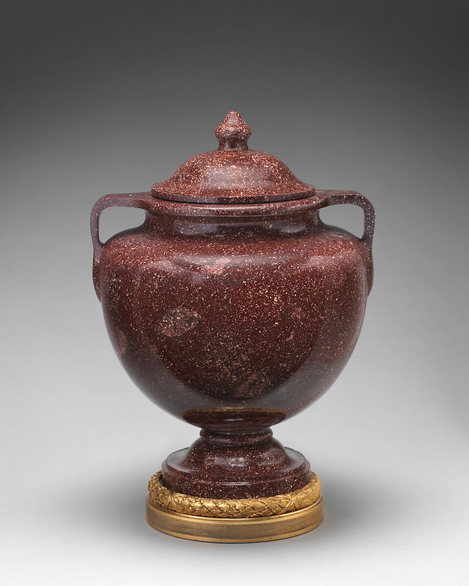 Spherical body urn with cover (one of a pair), Imperial red porphyry, gilt bronze, possibly Italian 