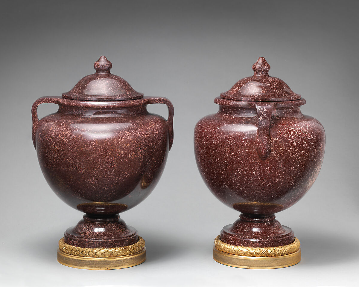 Spherical body urn with cover (one of a pair), Imperial red porphyry, gilt bronze, possibly Italian