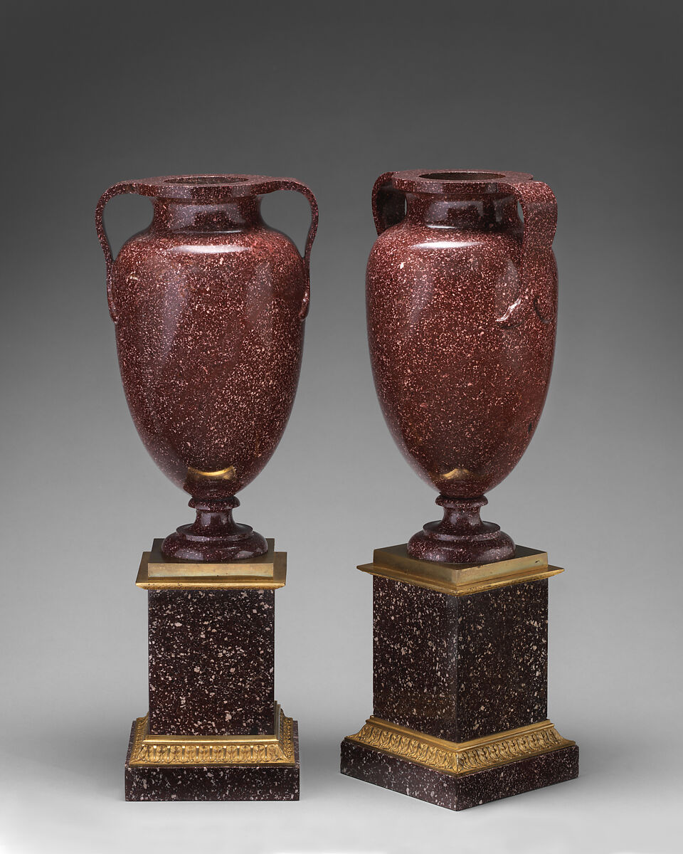 Urn on square base (one of a pair), Egyptian Imperial porphyry; gilt bronze, possibly Italian