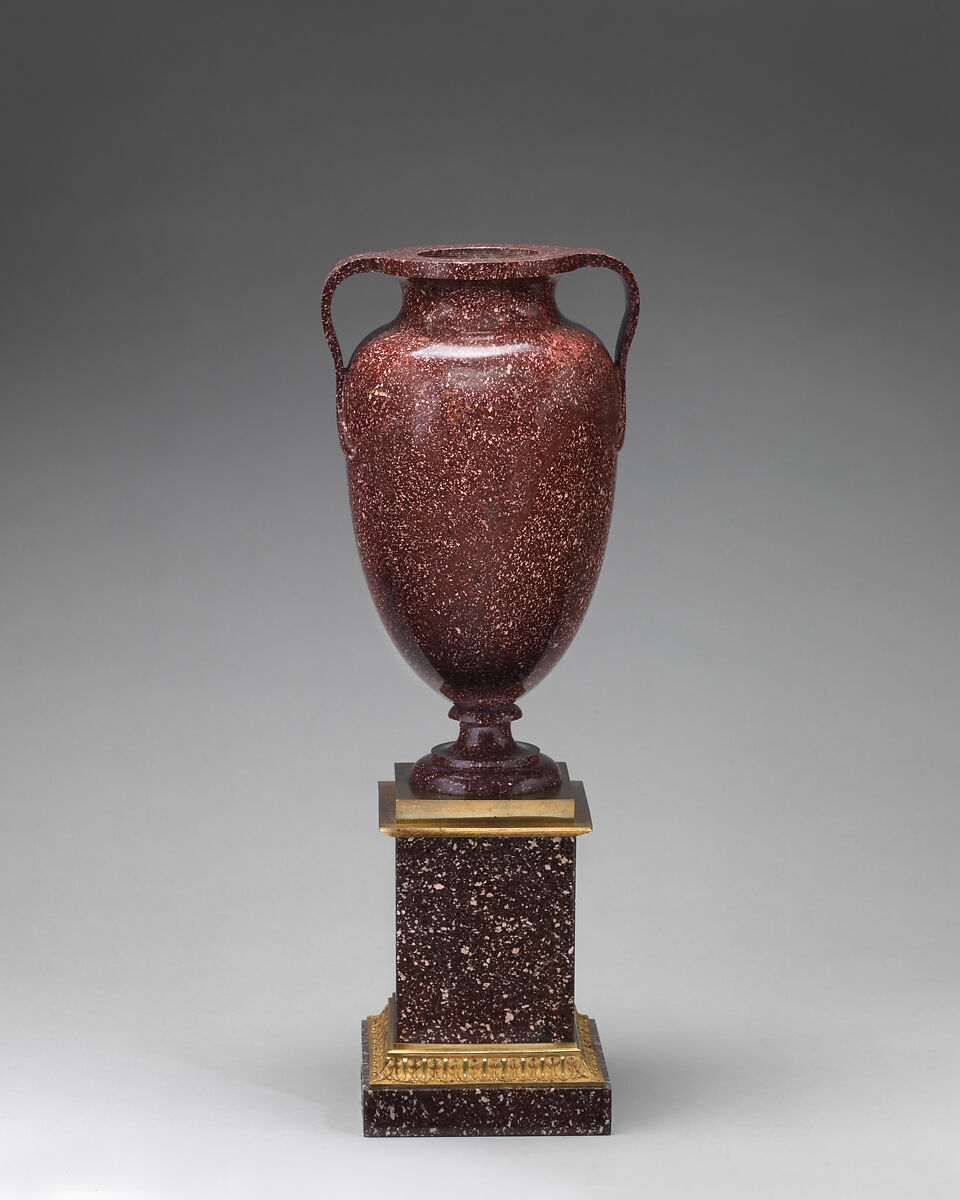 Urn on square base (one of a pair), Egyptian Imperial porphyry; gilt bronze, possibly Italian 