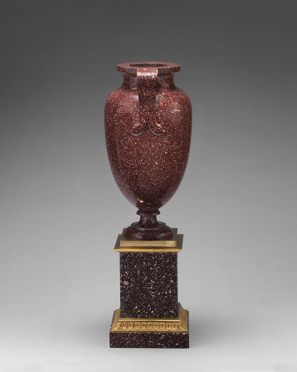 Urn on square base (one of a pair), Egyptian Imperial porphyry; gilt bronze, possibly Italian