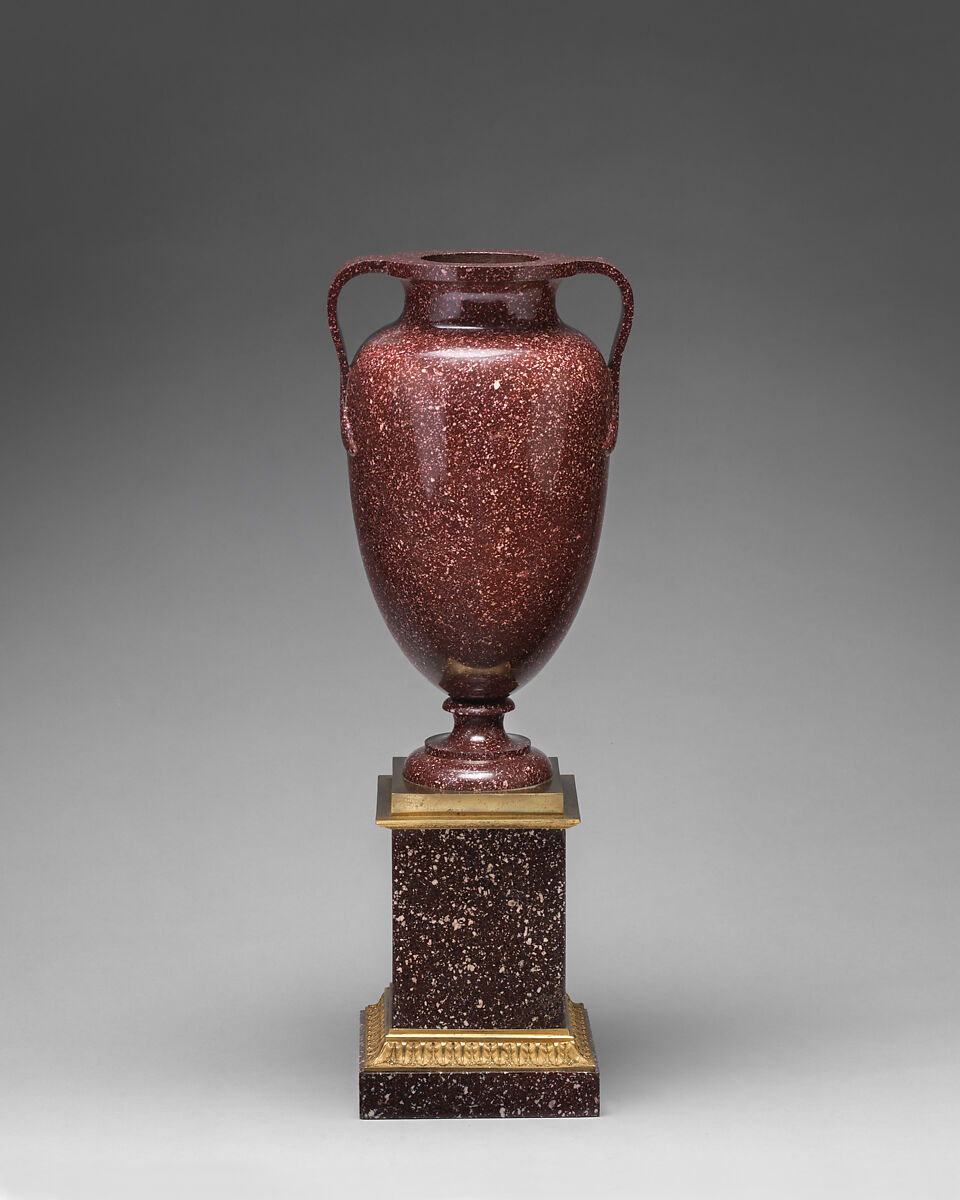 Urn on square base (one of a pair), Egyptian Imperial porphyry; gilt bronze, possibly Italian 