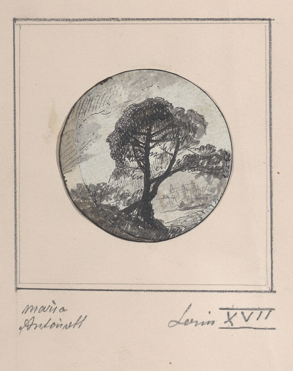 Landscape with hidden silhouettes of Marie Antoinette and the Dauphin, Anonymous  , French, late 18th century, Pen and ink and gray wash 