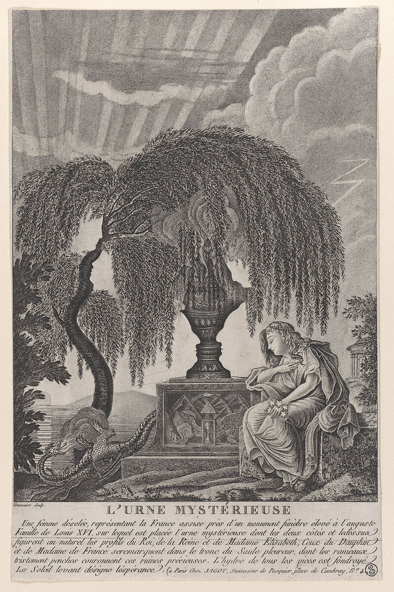 The Mysterious Urn, with the hidden silhouettes of the French royal family, Pierre Jean Joseph Denis Crussaire (French, 1749–after 1800), Stipple 
