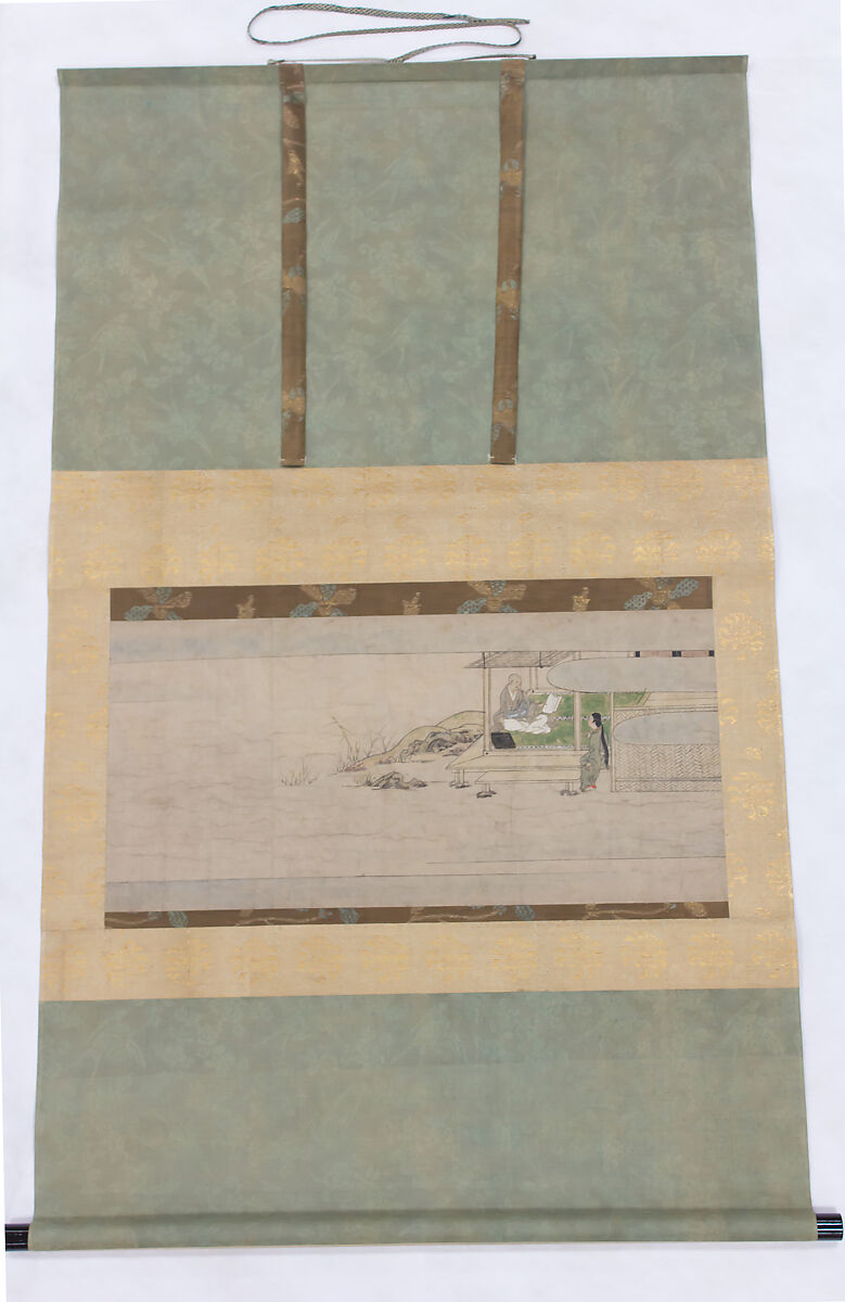 Scene from A Long Tale for an Autumn Night (Aki no yo no nagamonogatari), Section of a handscroll, remounted as a hanging scroll; ink, color, and gold on paper, Japan