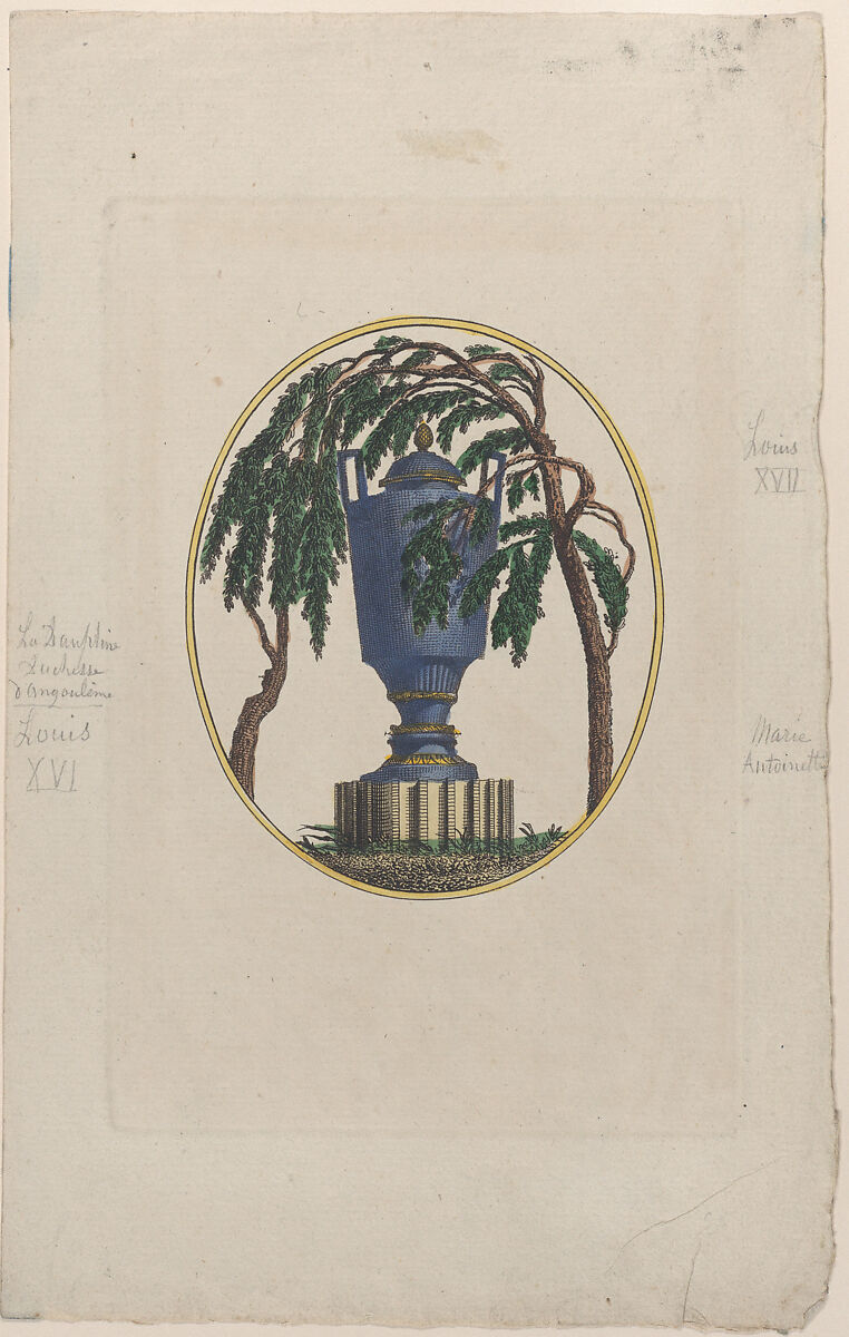 Weeping willow and urn with hidden silhouettes of the French royal family, Anonymous, Hand-colored etching 