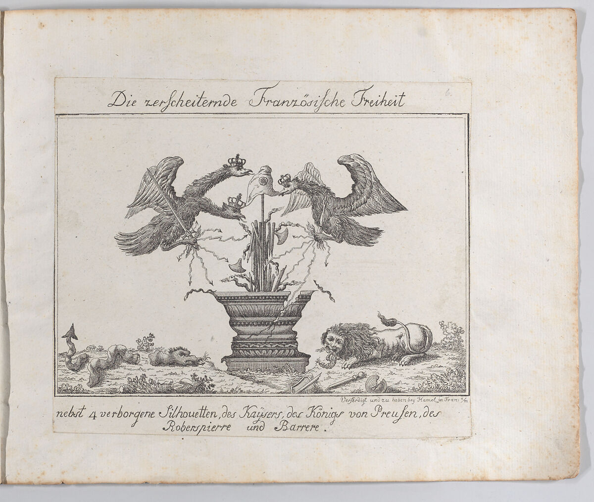 Allegory representing the freedom of France with four silhouettes, Anonymous, German, 18th century, Etching 
