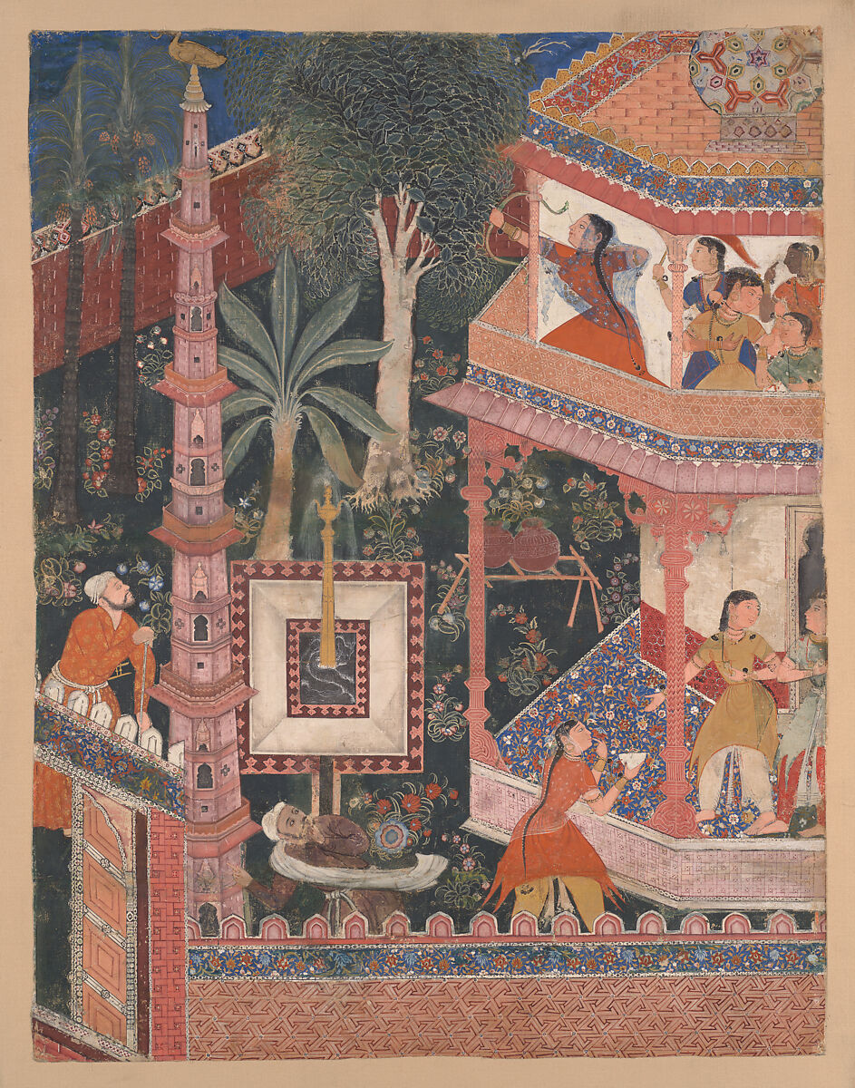 "Mihrdukht Aims her Arrow at the Ring," Folio from the Hamzanama (The Adventures of Hamza), Basawan (Indian, active ca. 1556–1600), Opaque color and gold on cotton cloth 