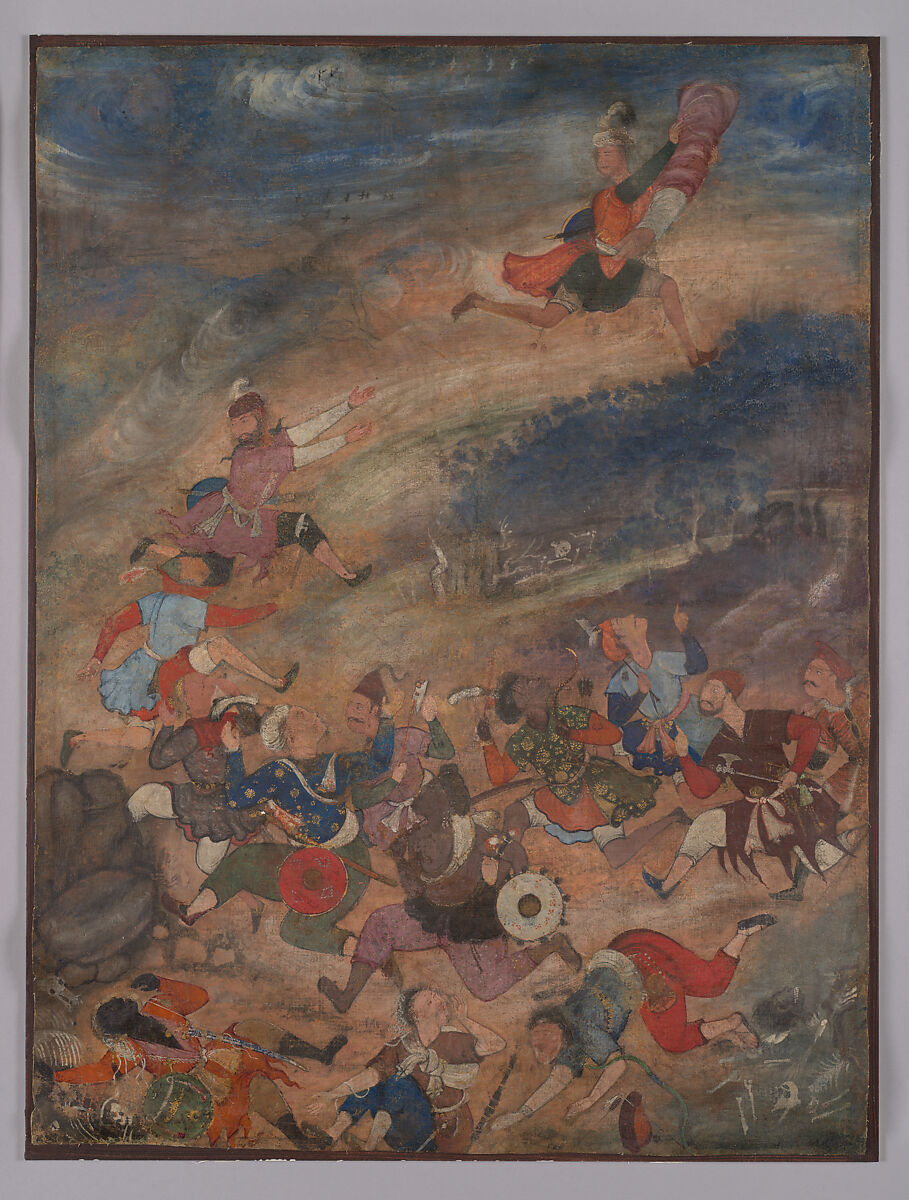 "Khwaja Umar Saved from Pursuers," Folio from the Hamzanama (The Adventures of Hamza), Attributed in part to Kesu Das (Indian, active 1570–ca.1602), Opaque color and gold on cotton cloth 