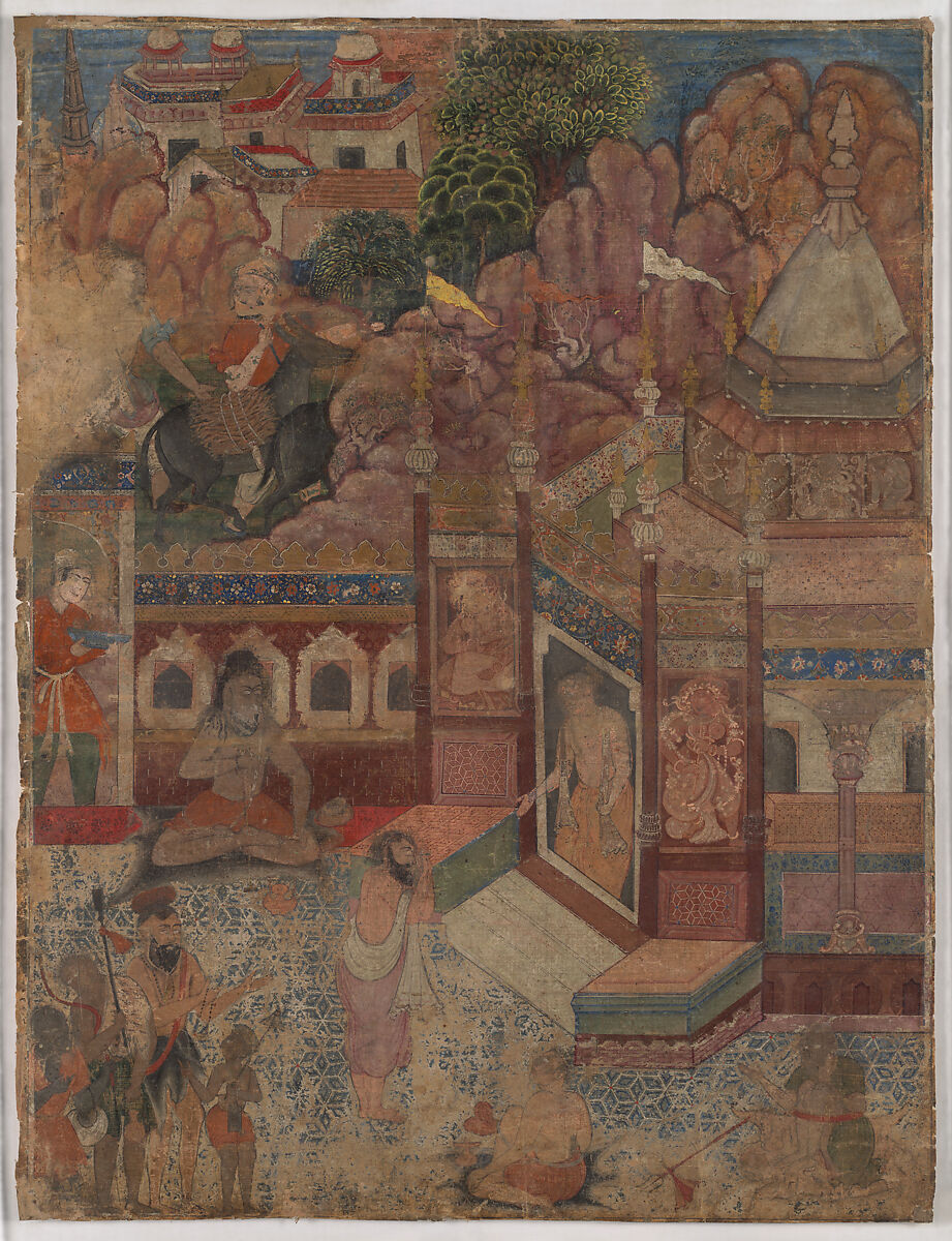 "A Supplicant at a Hindu Temple," Folio from the Hamzanama (The Adventures of Hamza), Opaque color and gold on cotton cloth 