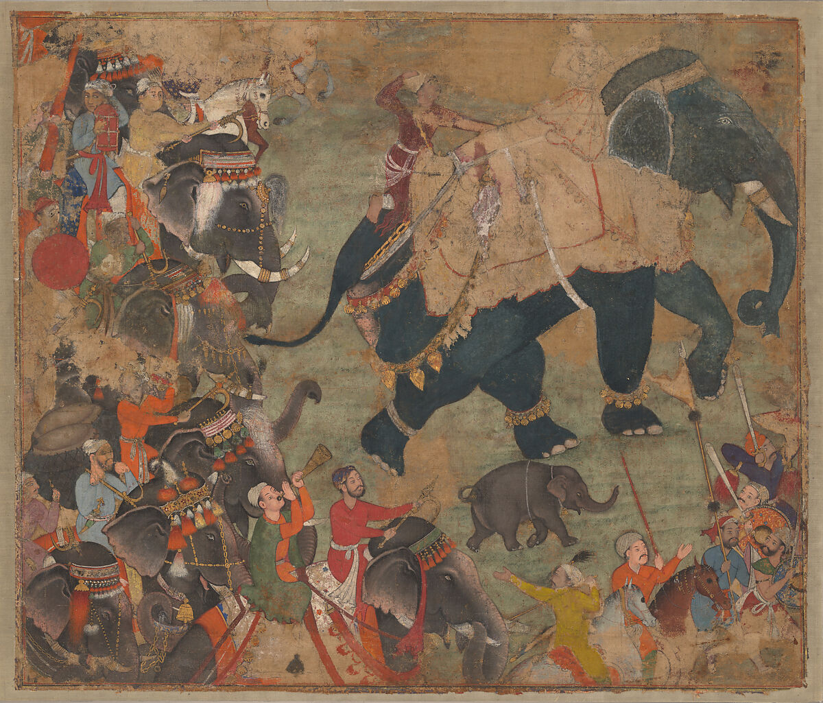 A Prince Riding an Elephant in Procession, Opaque color and gold on cotton cloth