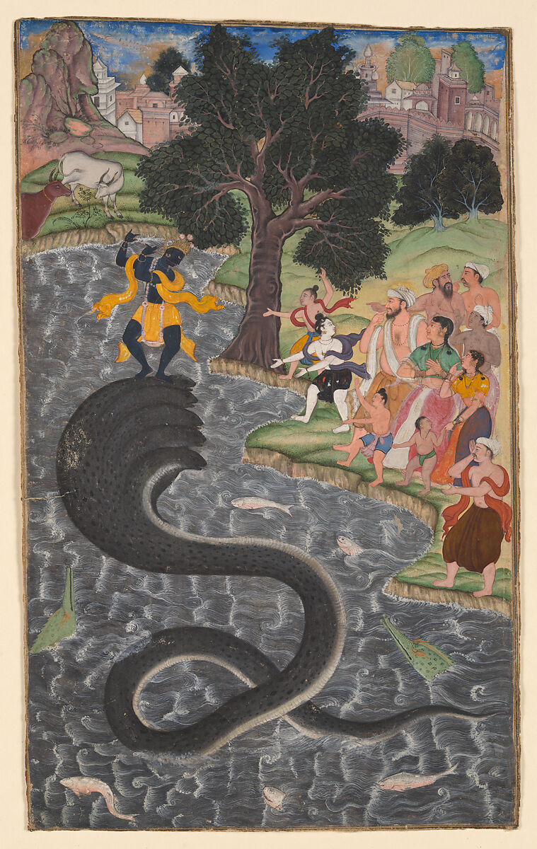 Krishna Dances on the Head of Kaliya; Illustration to the Harivamsa (Story of Hari), Opaque color and gold on paper