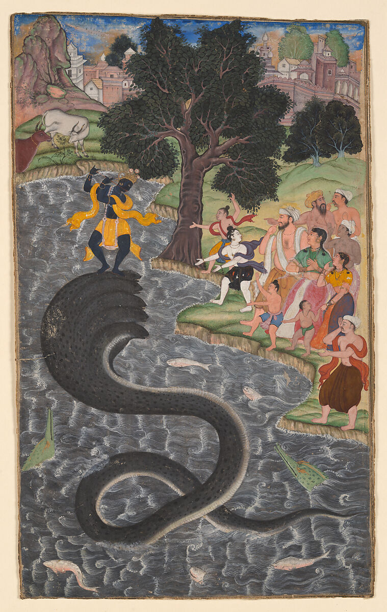 Krishna Dances on the Head of Kaliya; Illustration to the Harivamsa (Story of Hari), Opaque color and gold on paper 