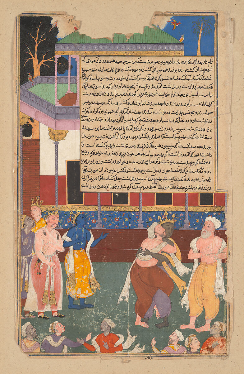 Dhritarashtra Attacks the Statue of Bhima, Folio from a Razmnama (Book of Wars), Opaque color and gold on paper 