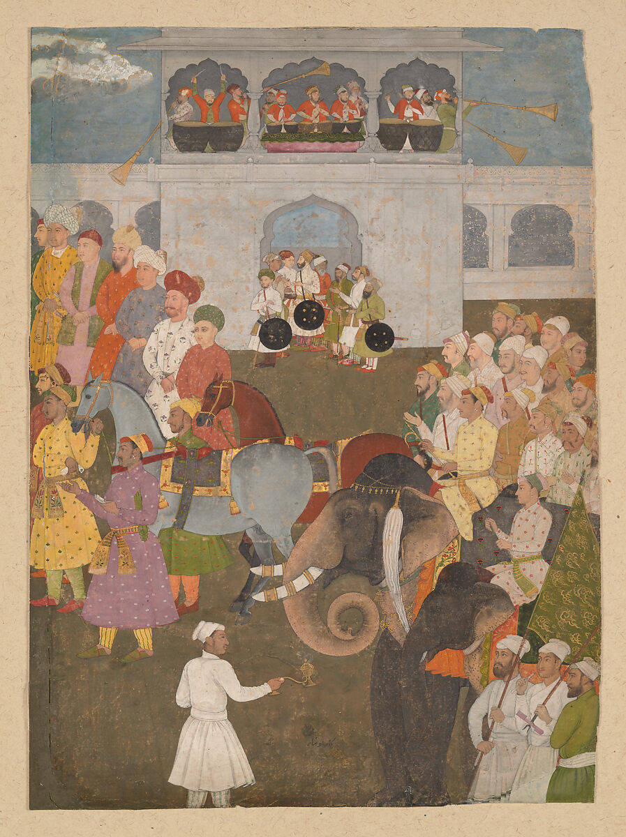 Attendants at an Imperial Durbar, Hunhar (Indian), Opaque color and gold on paper 