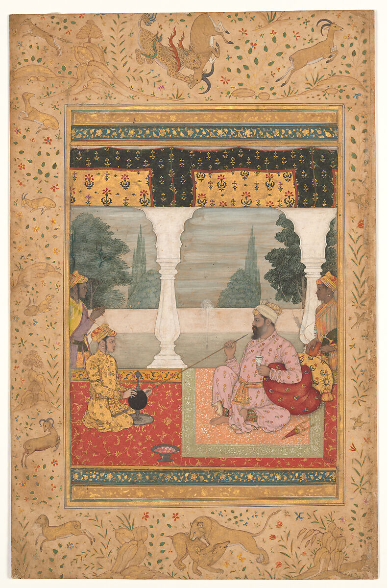 Nobleman Smoking on a Terrace, Attributed to Ali Reza (Iranian), Opaque color and gold on paper 