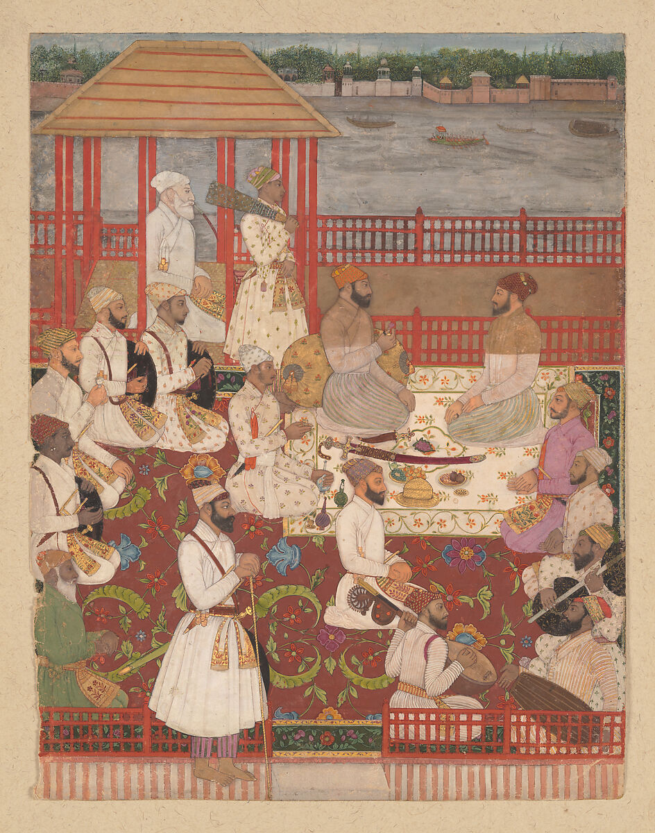 Music Party on a Riverside Terrace, Opaque color and gold on paper 