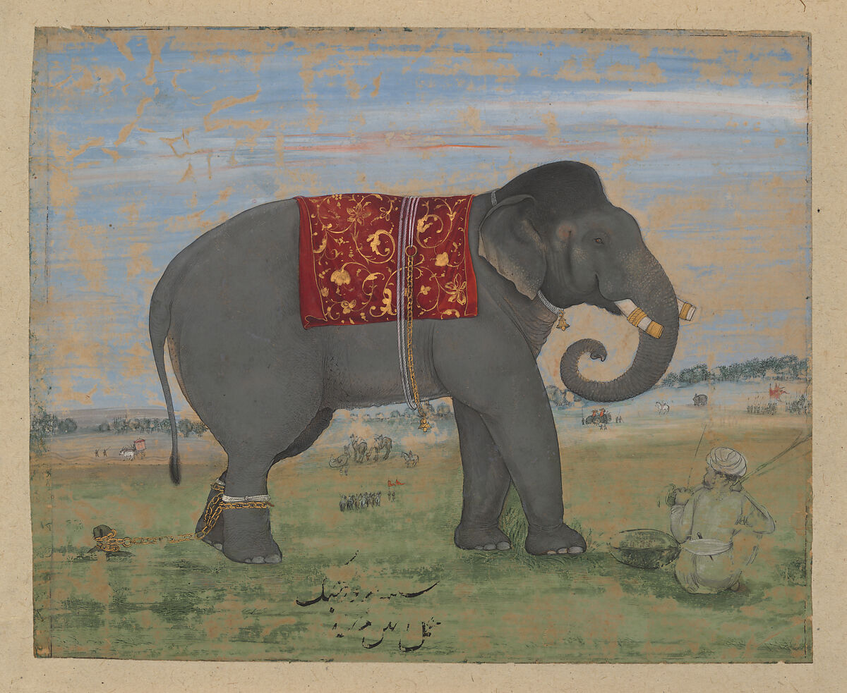 An Elephant and Keeper, Opaque color and gold on paper 