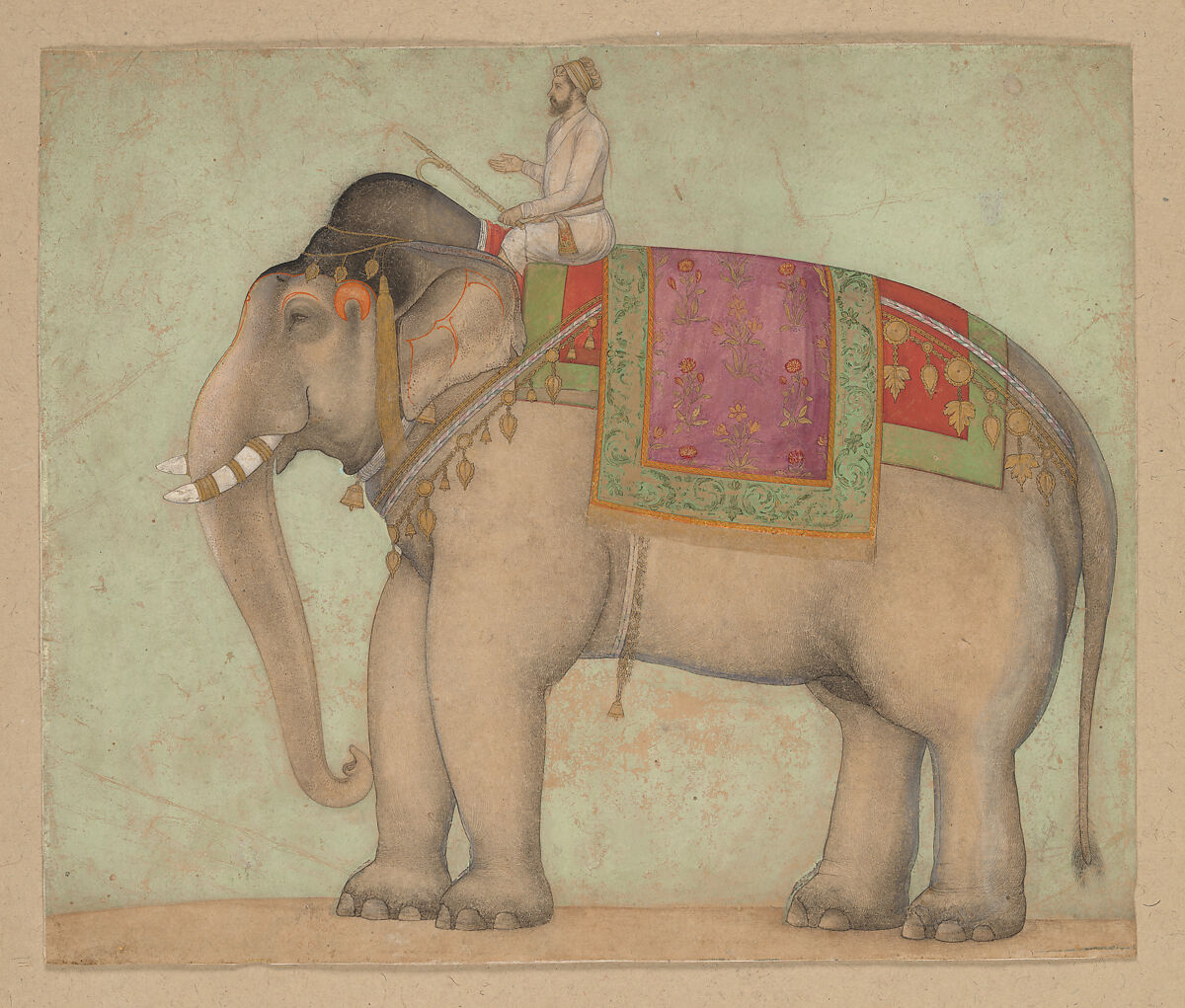 Elephant with Mahout, Opaque color and gold on paper