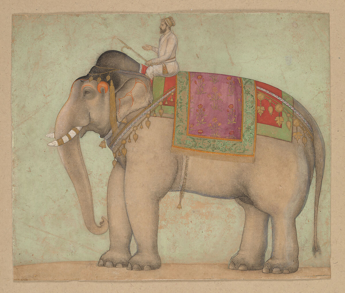 Elephant with Mahout, Opaque color and gold on paper 