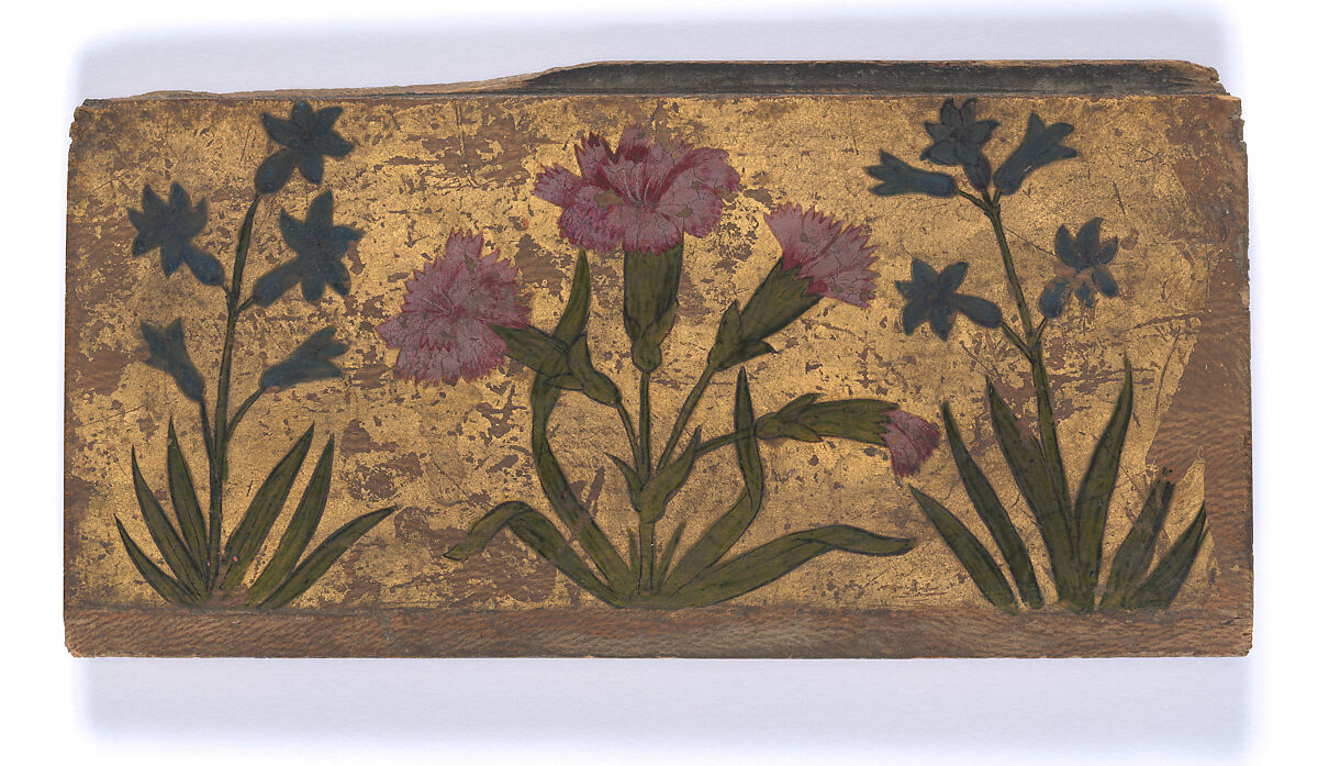 Two Panels with Flower Designs, Wood; painted and lacquered