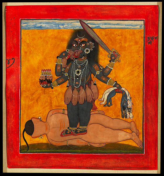 Bhadrakali, Destroyer of the Universe, from the Tantric Devi series, Opaque watercolor, gold, silver, and beetle-wing cases on paper, India, Himachal Pradesh, Basohli 