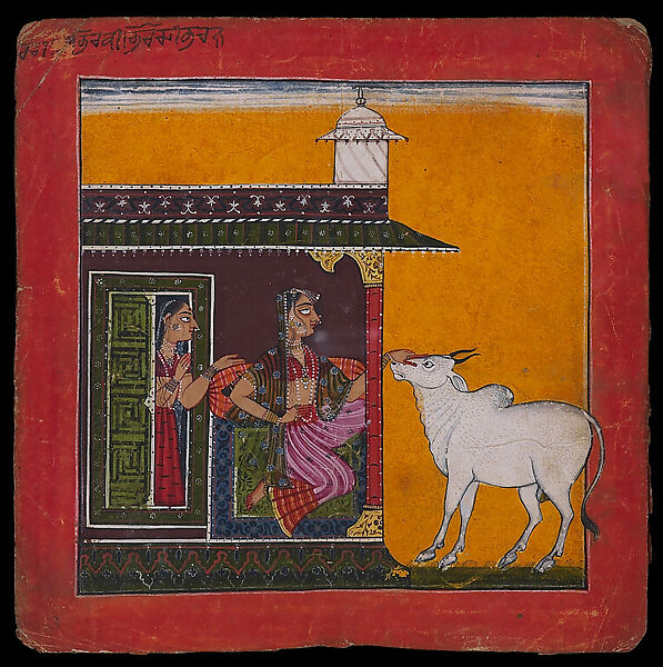 Bhairavi Ragini: A Woman and a Bull, Opaque watercolor on paper, India, Basohli or Nurpur 